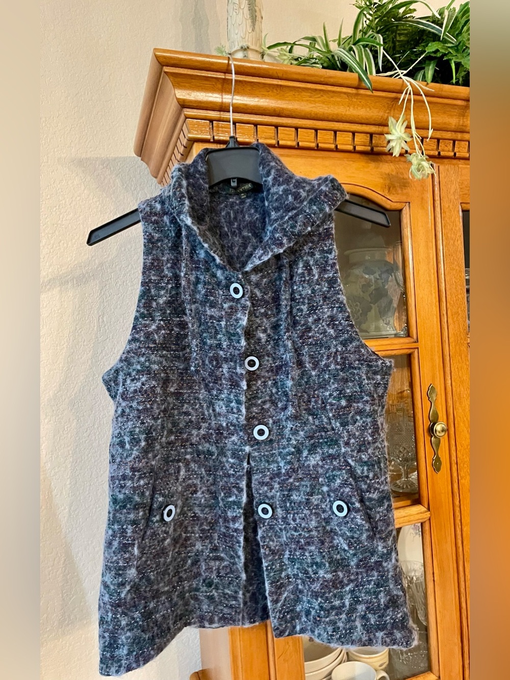 For Cynthia XL Wool-Blend Textured Sleeveless hoodedCoat Vest Blue front buttons